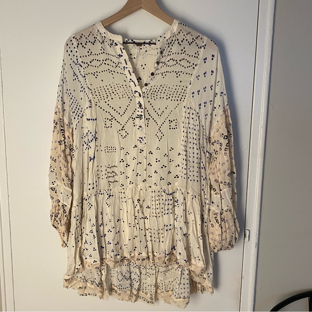 Free People Cream and Blue Patterned Tunic